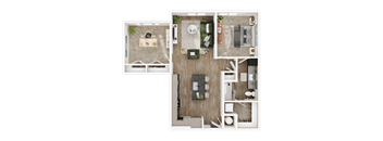 A top-down view of a modern apartment layout with a kitchen, living room, and bathroom.