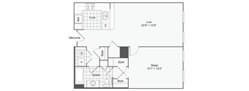 a floor plan of an apartment with a bedroom and a living room
