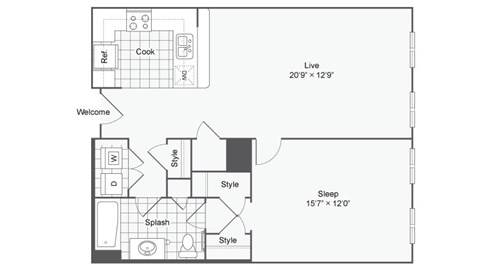 a floor plan of an apartment with a bedroom and a living room