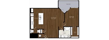 A floor plan of a small apartment with a kitchen, living room, and bathroom.