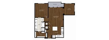 A floor plan of a house with a bedroom, bathroom, living room, dining room, kitchen, and a balcony.