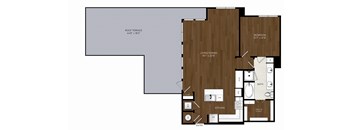 A floor plan of a house with a living room, kitchen, and bathroom.