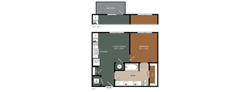 A floor plan of a home with a living area, kitchen, bathroom, and bedroom.