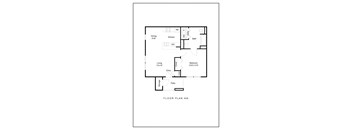 A floor plan of a one bedroom apartment with a living room, dining room, kitchen, bathroom, and storage.