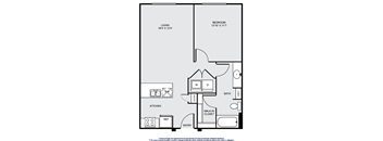 A floor plan of a one bedroom apartment with a living room, kitchen, bathroom and walk-in closet.