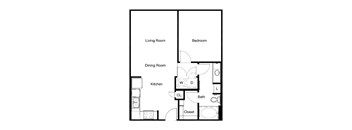 a floor plan of a studio apartment with a bedroom and a living room