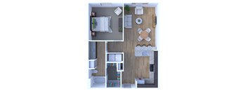 A top-down view of a small apartment with a living room, kitchen, and bathroom.