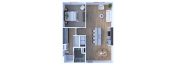 A top-down view of a living room, kitchen, and dining area.