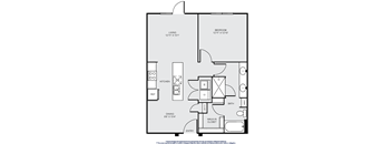A floor plan of a house with a living room, bedroom, kitchen, bathroom, dining room, and walk-in closet.