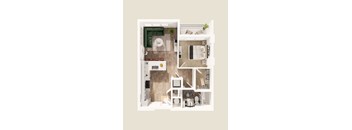 A top-down view of a small apartment with a kitchen, living room, and bathroom.