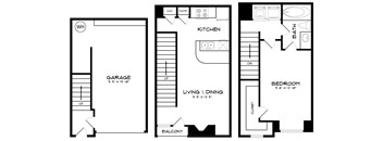 A floor plan of a home showing a garage, kitchen, living room, dining room, and bedroom.
