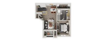 A top-down view of a small apartment with a kitchen, living room, and bathroom.