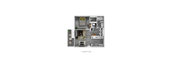 A floor plan of a small apartment with a living room, kitchen, and bathroom.