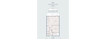 A floor plan for a Cooper River Farms apartment shows a living area, a kitchen, a bedroom, a bathroom, and a studio space.