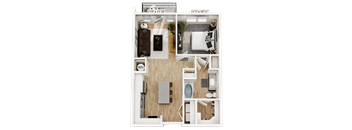A floor plan of a one bedroom apartment with a living room, kitchen, and bathroom.