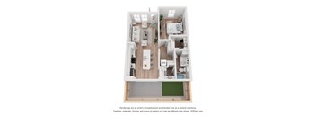 A 3D floor plan of a small apartment with a kitchen, living room, and bedroom.