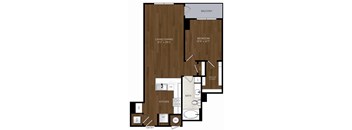 A floor plan of a house with a living room, dining room, kitchen, bathroom, and bedroom.