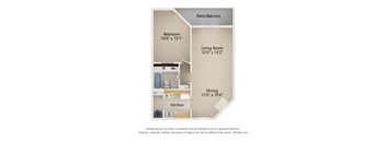 A diagram of a small apartment layout with a bedroom, living room, dining area, and kitchen.