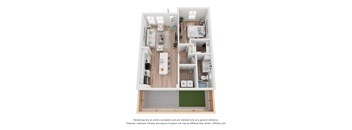 A 3D floor plan of a house with a kitchen, living room, and two bedrooms.