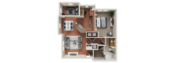 A top-down view of a house layout with a living room, kitchen, and bedrooms.