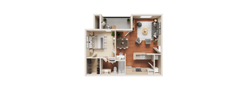 A 3D floor plan of a house with a living room, kitchen, and bedrooms.