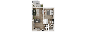 A top-down view of a small apartment layout with a kitchen, living room, and bathroom.