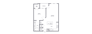 A floor plan of a small apartment with a kitchen, bathroom, and living room.