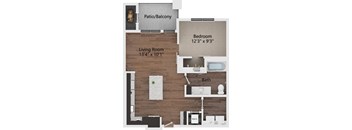 A floor plan of a small apartment with a living room, bedroom, bathroom, and kitchen.
