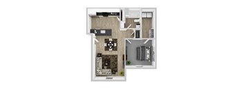 A 3D floor plan of a small apartment with a kitchen, living room, and bathroom.