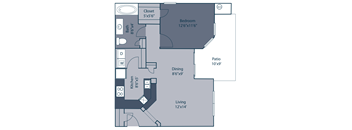 A floor plan of a small apartment with a living area, kitchen, dining area, bedroom, and bathroom.