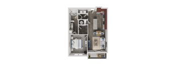 A top-down view of a small, neatly organized apartment.