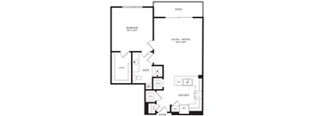 A floor plan of a house with a bedroom, bath, closet, and kitchen.