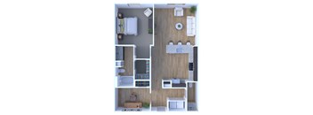 A top-down view of a small apartment with a bedroom, living room, and kitchen.