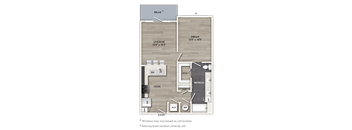 A floor plan of a small apartment with a living room, kitchen, and bathroom.