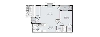 A floor plan of a two-bedroom apartment with a living room, dining room, kitchen, and bathroom.