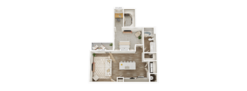 A floor plan of a two-bedroom apartment with a living room, kitchen, and bathroom.