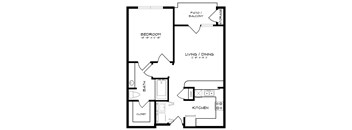 A black and white image of a floor plan for a small apartment.