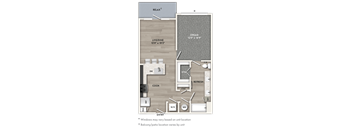 A floor plan of a small apartment with a living area, kitchen, and bathroom.