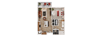 A top-down view of a living room, kitchen, and dining area.