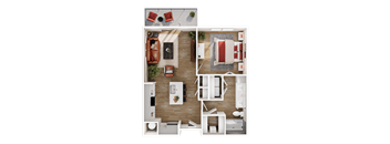 A top-down view of a modern apartment layout with a living room, kitchen, and bedroom.