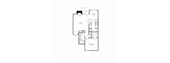 A floor plan of an apartment with a living area, dining area, kitchen, bedroom and bathroom.