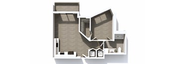 A diagram of a house layout with a living room, kitchen, and bathroom.