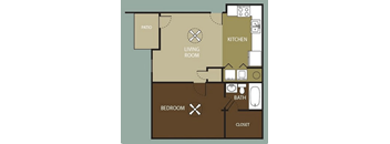 A floor plan of a living space showing a kitchen, living room, bedroom, bathroom, and closet.