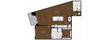 A floor plan of a house with a living room, dining room, kitchen, and two bedrooms.