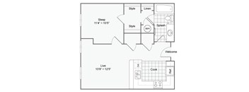 a floor plan of a studio apartment with a bedroom and a living room