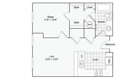a floor plan of a studio apartment with a bedroom and a living room