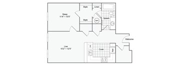 a floor plan of a small house with a bedroom and a living room