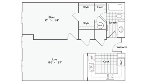a floor plan of a small apartment with a bedroom and a living room