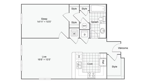 a floor plan of a small house with a bedroom and a living room