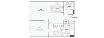a floor plan of a studio apartment with a bedroom and a living room
